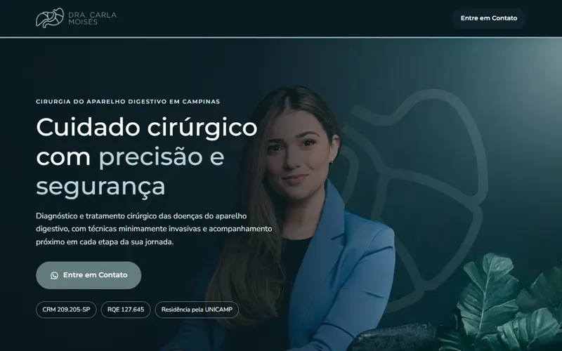 Página inicial da Dra. Carla Moisés, com o título “Cuidado cirúrgico com precisão e segurança”.