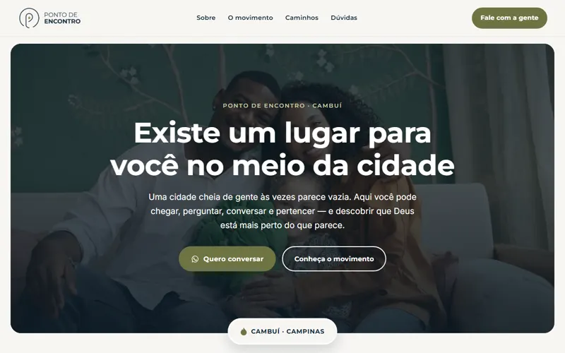 Página inicial do Ponto de Encontro Cambuí, com o título “Existe um lugar para você no meio da cidade”.